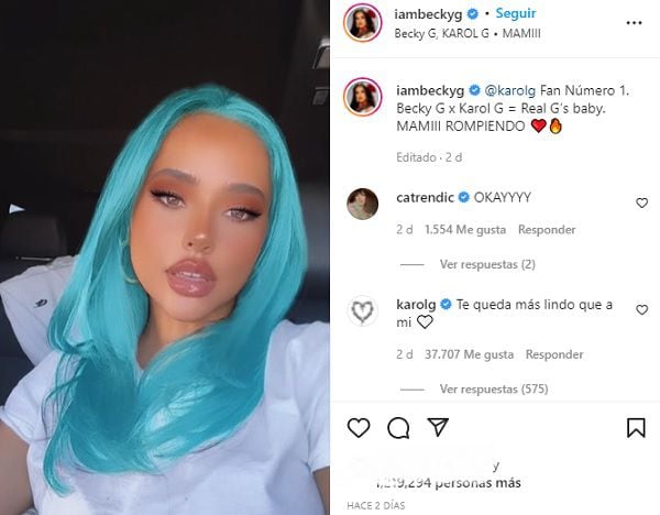Becky G simuliert Karol Gs Blick, um ihren Teil von „Mamii“ zu singen, und dies war die Reaktion der Paisa. Foto: Instagram