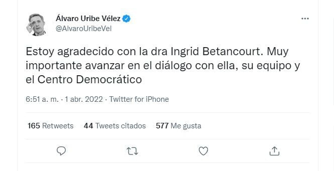 Ingrid Betancourt, open to alliance with the Democratic Center, led by Álvaro Uribe.