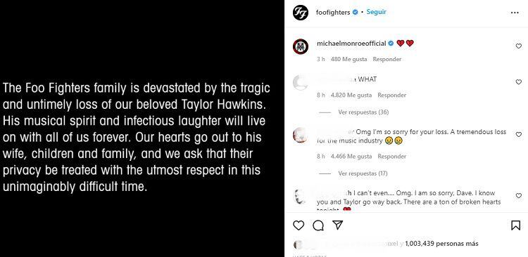 Foo Fighters confirme la mort de leur batteur Taylor Hawkins. Photo : Instagram @foofighters