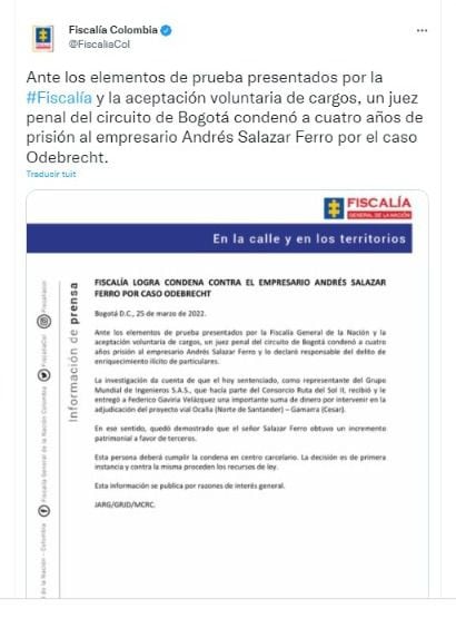 Cela a été annoncé par le bureau du procureur sur ses réseaux sociaux. Photo : Twitter @FiscaliaCol