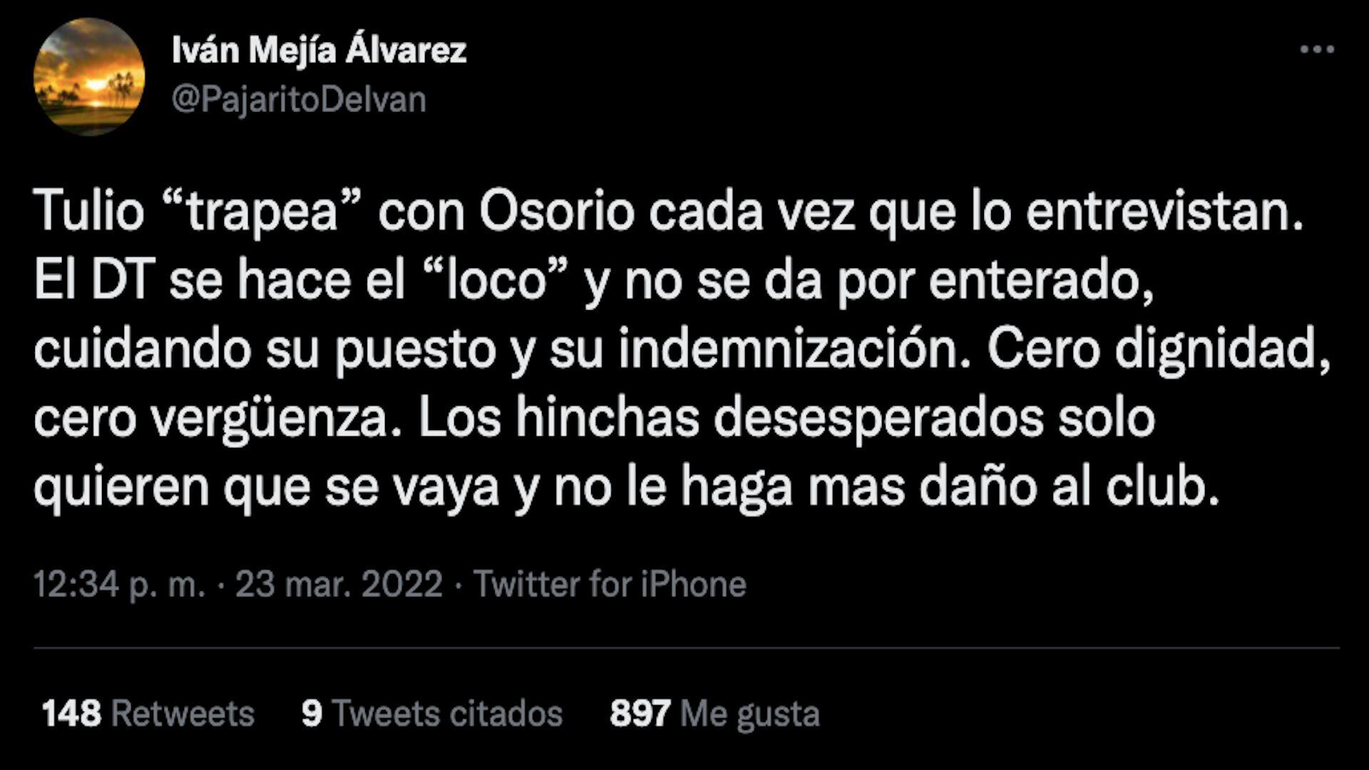Ivan Mejia critique à nouveau Juan Carlos Osorio, entraîneur de l'America de Cali. Il dit qu'il est un D.T. manquant de dignité et avec zéro honte/ (Twitter : @PajaritoDeIvan)