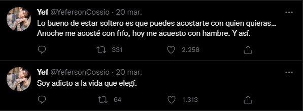 Yeferson Cossio confirma sua condição de solteiro com um tweet brincalhão. Foto: Twitter