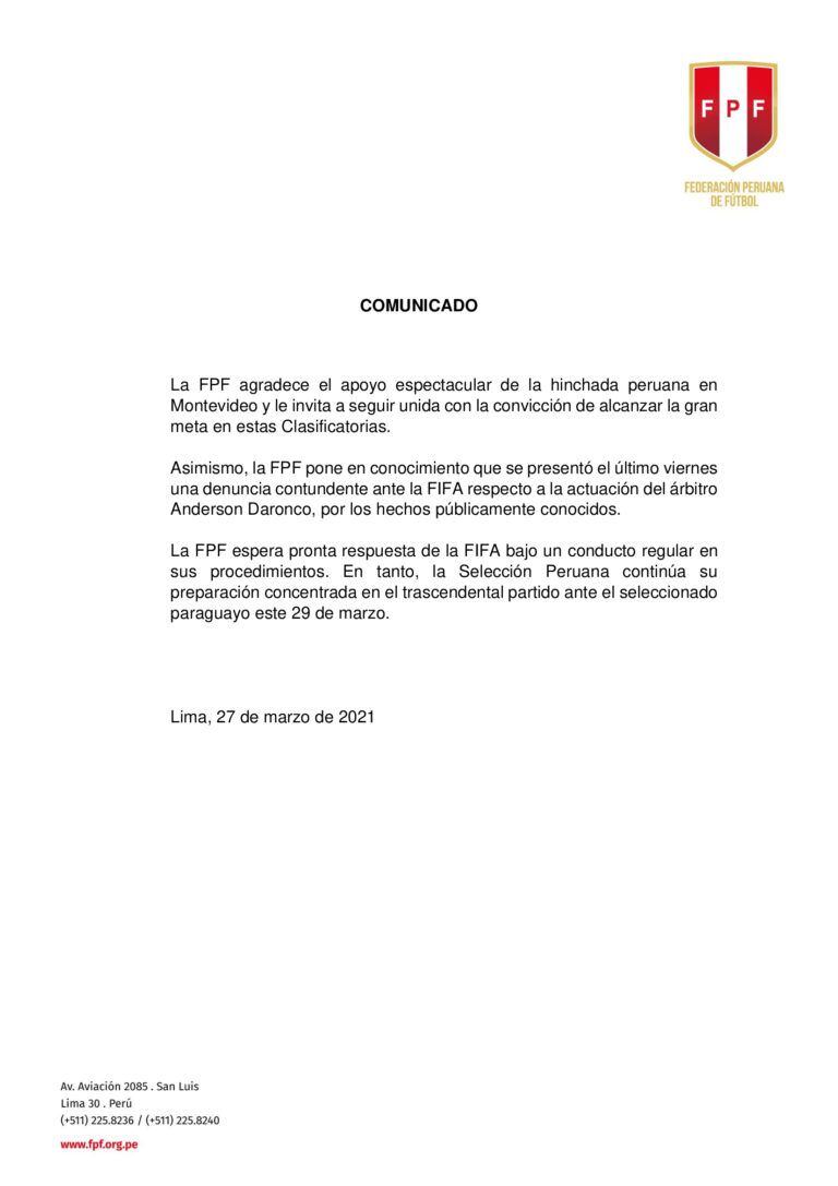 Dichiarazione FPF sulla prestazione dell'arbitro Anderson Daronco in Perù-Uruguay.