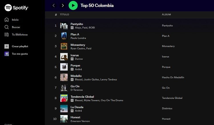 First ten most listened songs in Colombia on Spotify. Photo: Screenshot Spotify