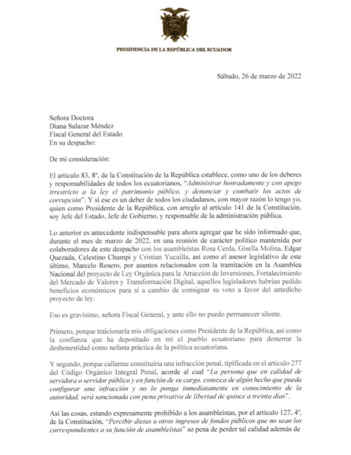 Schreiben von Guillermo Lasso zur Untersuchung der Mitglieder der Versammlung, die im Austausch für Stimmen um Leistungen gebeten haben
