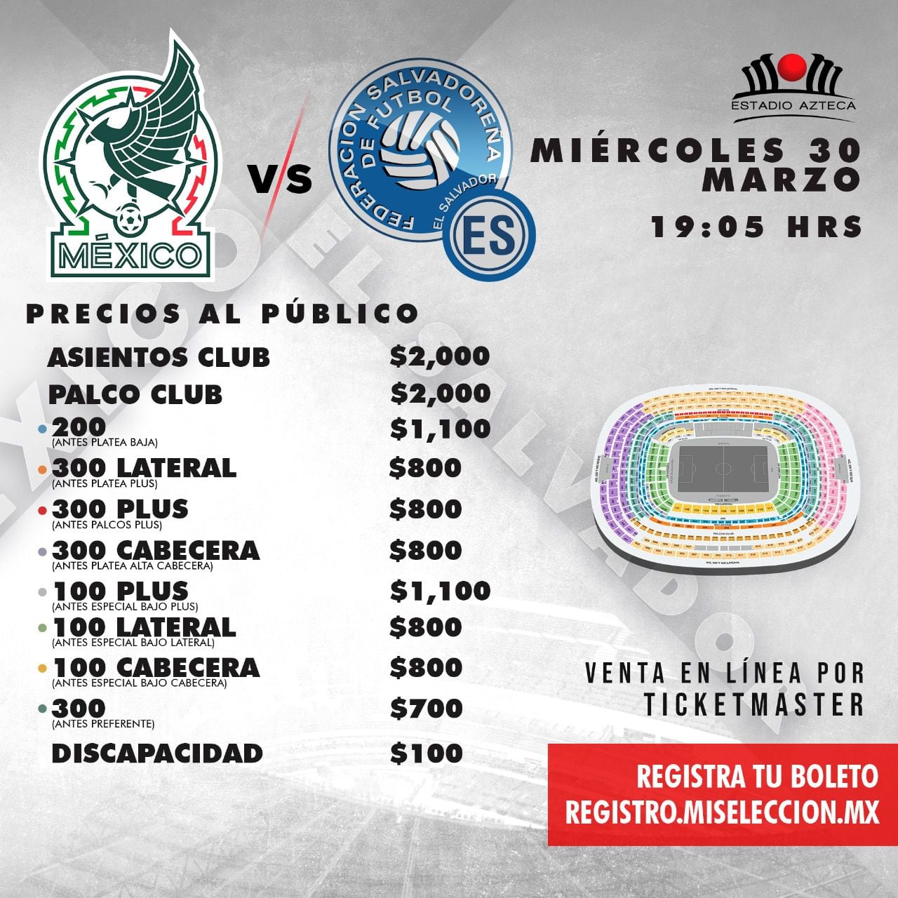 Coût des billets pour Mexique vs El Salvador à Estadio Azteca