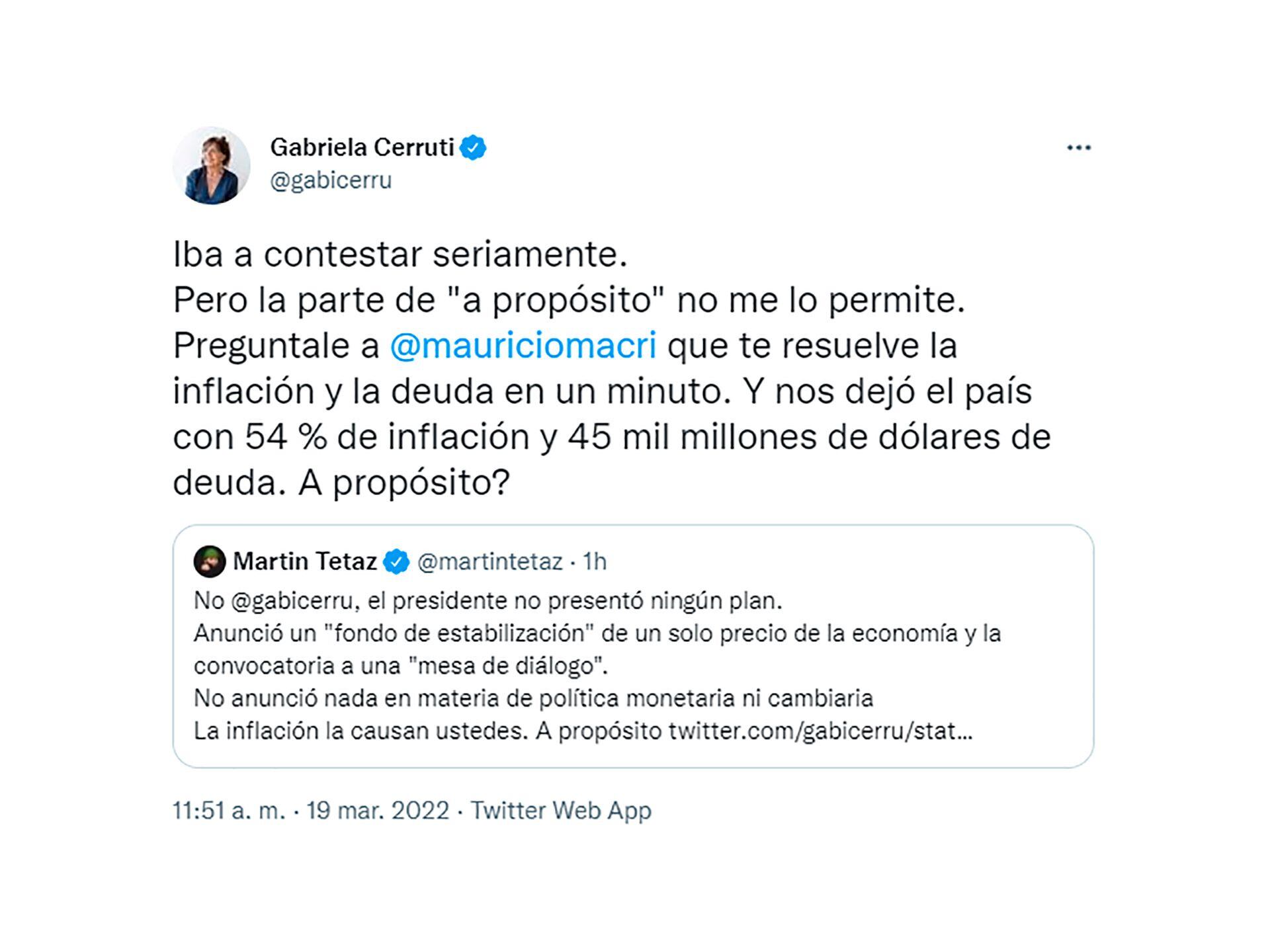 Gabriela Cerruti et Martín Tetaz se sont croisés sur Twitter après les annonces d'Alberto Fernández pour lutter contre l'inflation