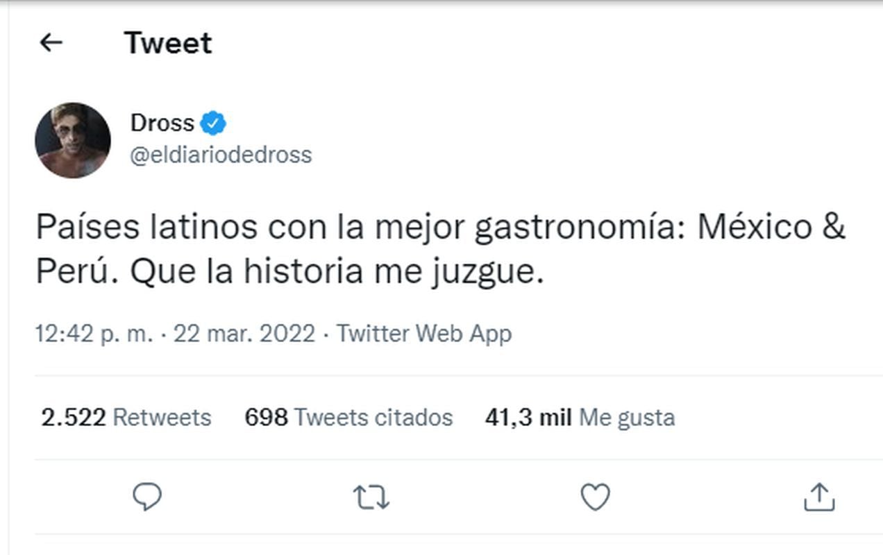 Dross abre debate sobre comida peruana.