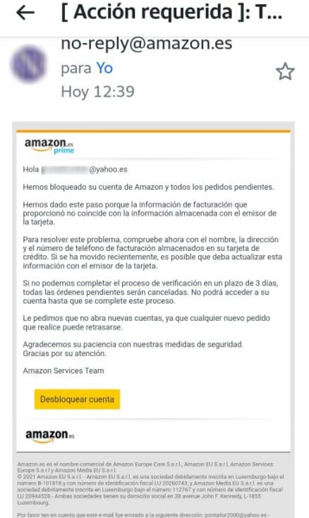 Caso di phishing con una falsa email di Amazon