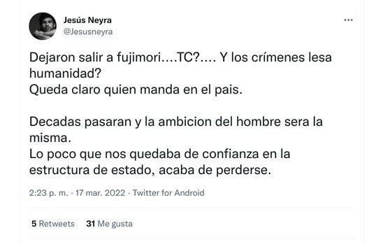 Jesús Neyra empört sich über die Entscheidung zugunsten von Fujimori.