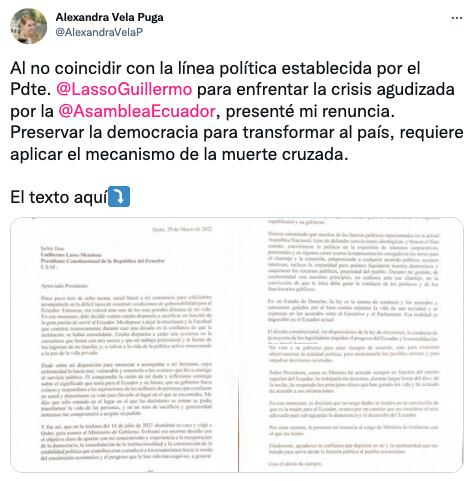 Alexandra Vela, ministre du gouvernement de l'Équateur, a démissionné en réponse au refus de Lasso d'appliquer la mort croisée