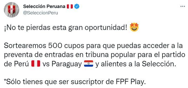 Veröffentlichung der FPF zur Verlosung von Tickets für peruanische Fans.