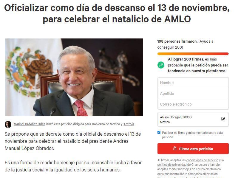 Chiedono che il compleanno di AMLO sia un riposo nazionale (Foto: Change.org)
