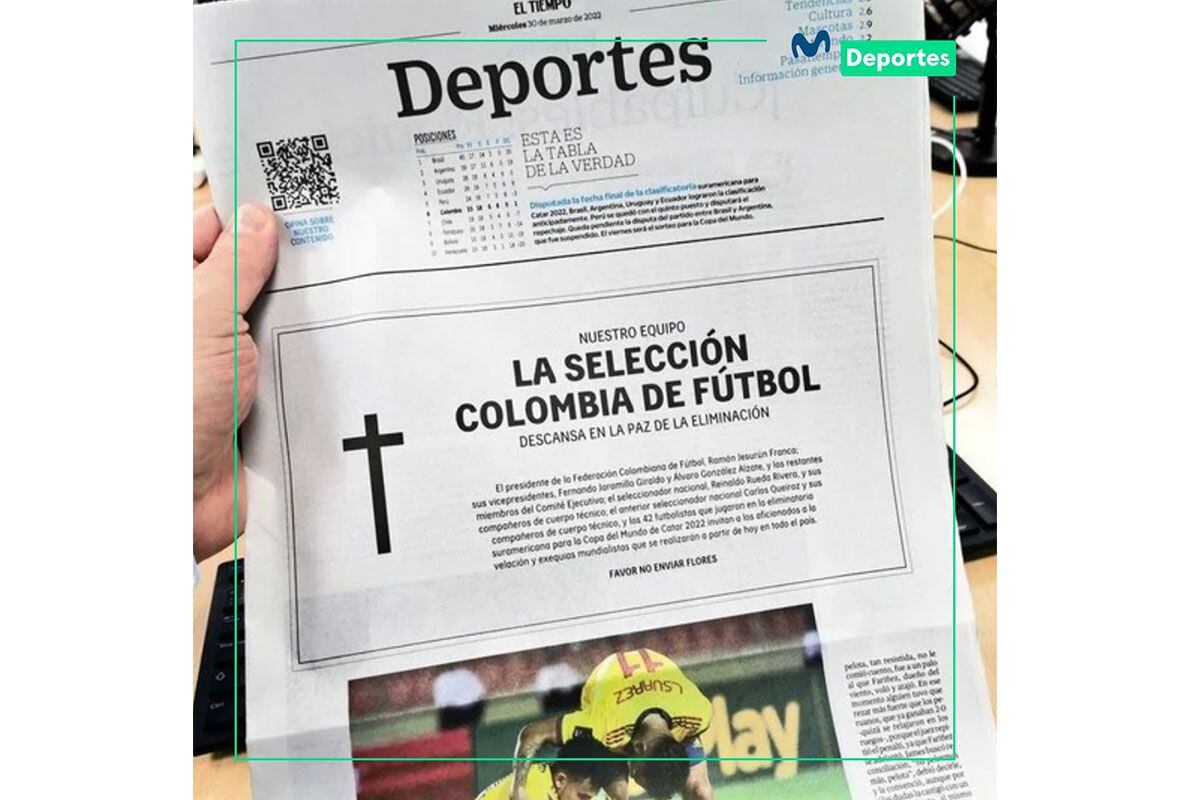 Capa do 'El Tiempo' após fracasso da seleção colombiana nas eliminatórias do Qatar 2022 | Foto: Movistar Deportes